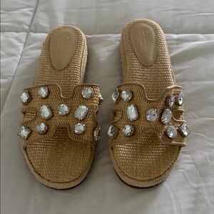 Embellished Woven Slide Sandals in Natural